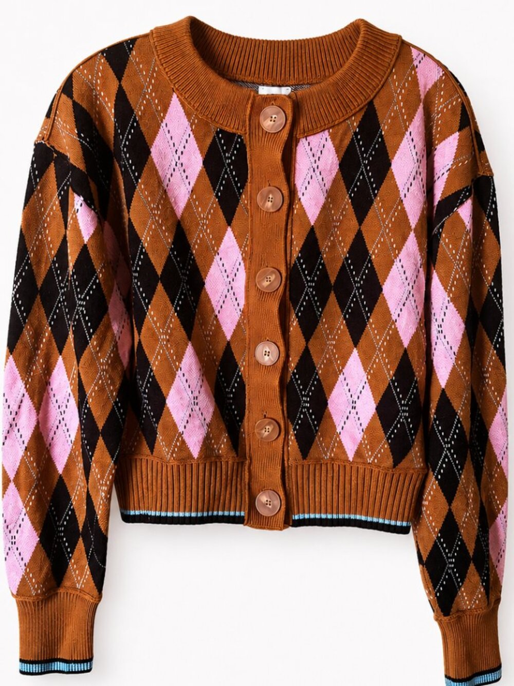 ANTHROPOLOGIE Maeve Argyle Cardigan Button Up Sweater Pink Brown Black Sz S EUC - Picture 2 of 8